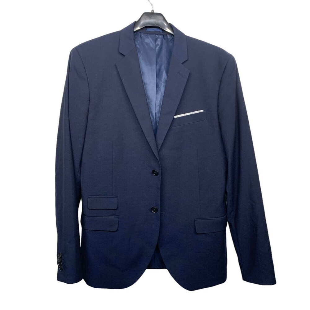 RESERVED Men size US 42 Navy Blue Slim Fit Blazer w Pocket Square European Brand - Picture 2 of 13
